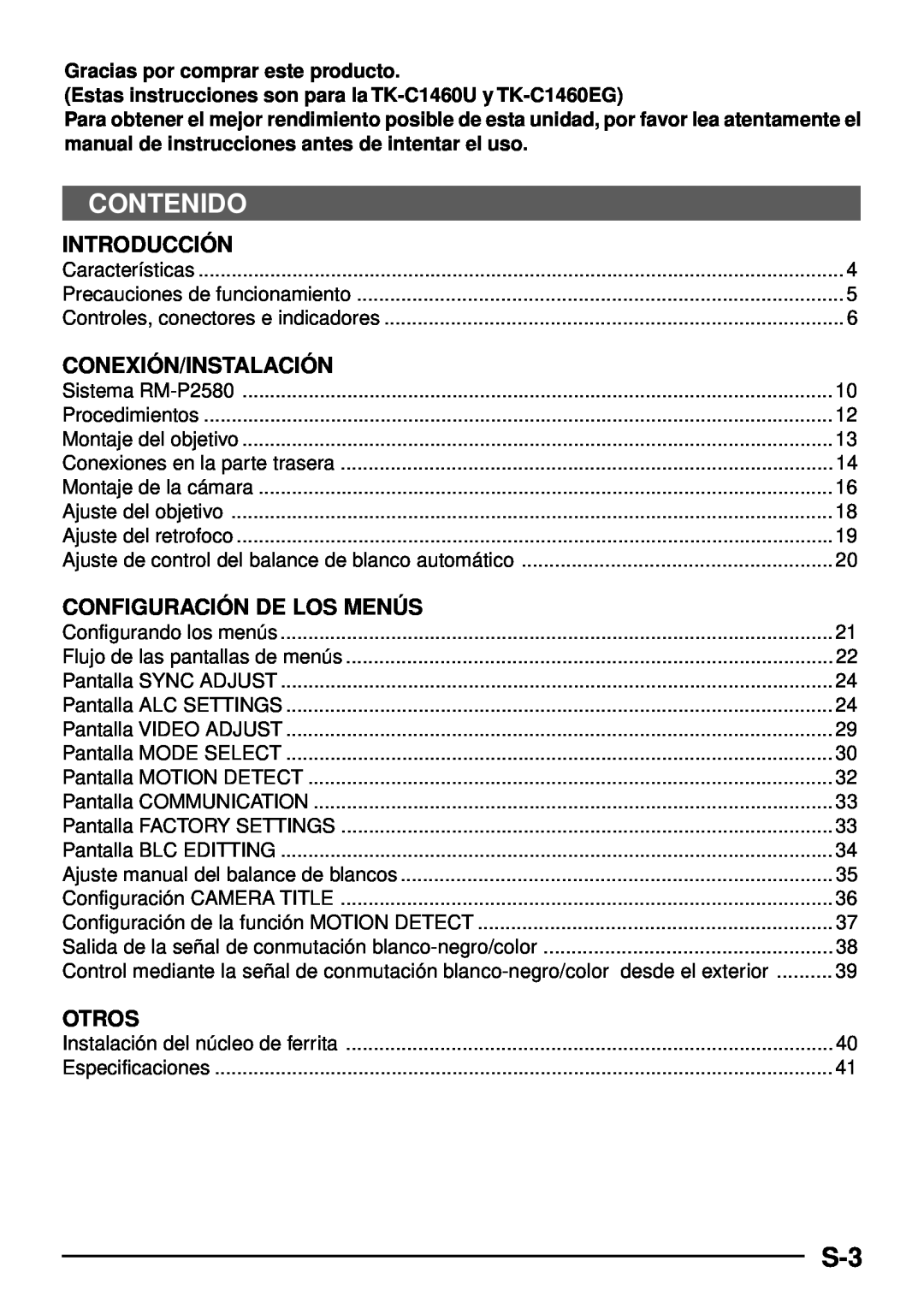 JVC TK-C1460 manual Contenido, Introducció N, Conexió N/Instalació N, Configuració N De Los Menú S, Otros 