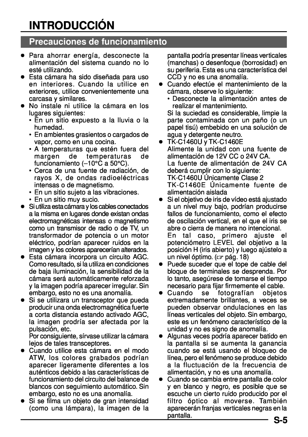 JVC TK-C1460 manual Introducció N, Precauciones de funcionamiento 