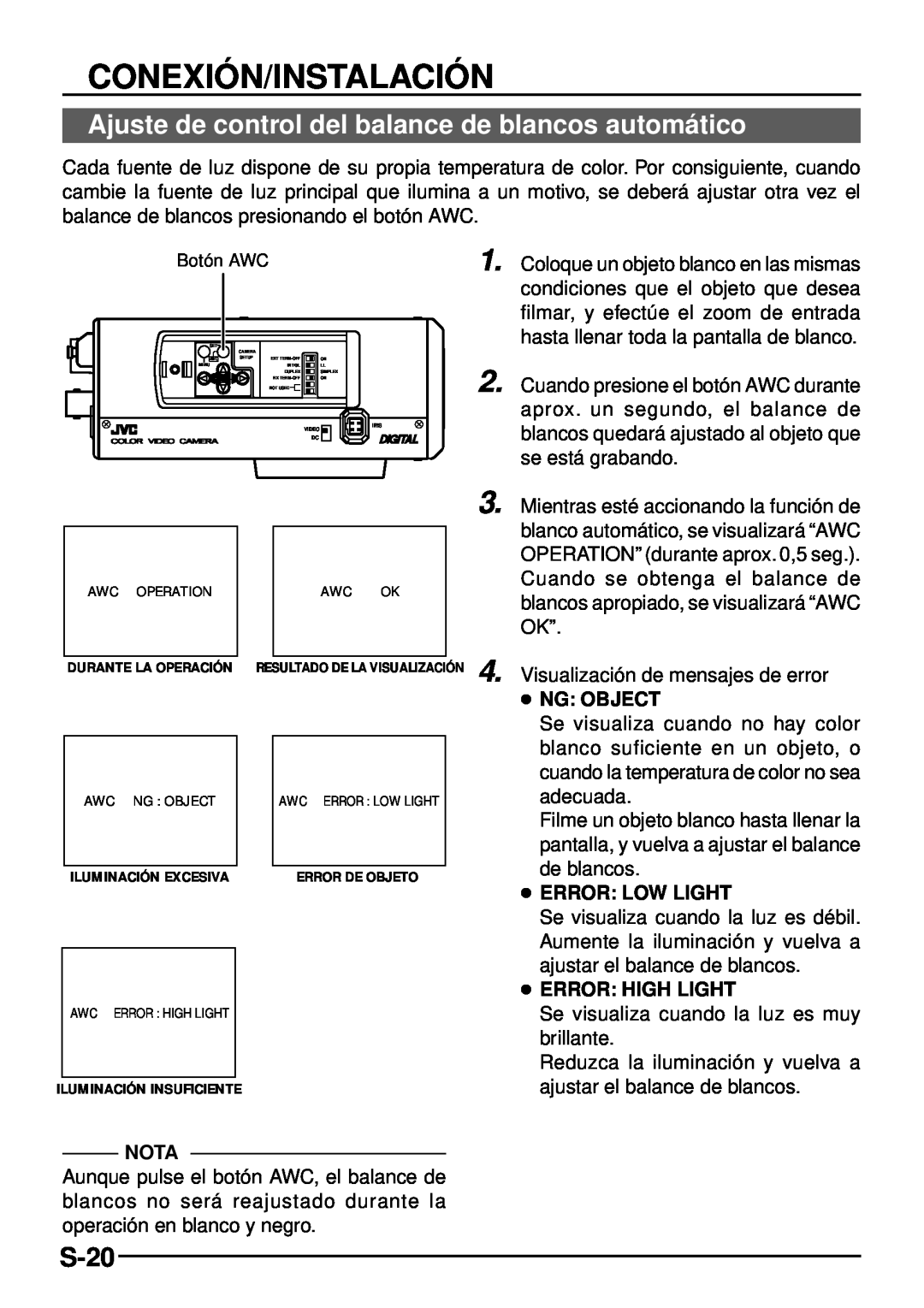 JVC TK-C1460 manual Ajuste de control del balance de blancos automá tico, S-20, Conexió N/Instalació N, Ng Object, Nota 