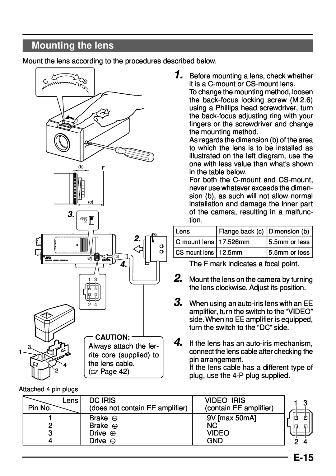 JVC TK-C1460 manual Mounting the lens, E-15 