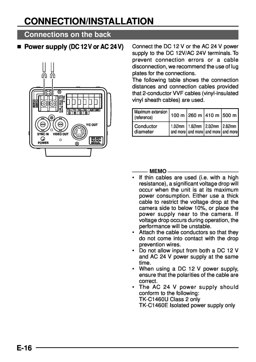 JVC TK-C1460 manual Connections on the back, E-16,  Power supply DC 12 V or AC 24, Connection/Installation, Memo 