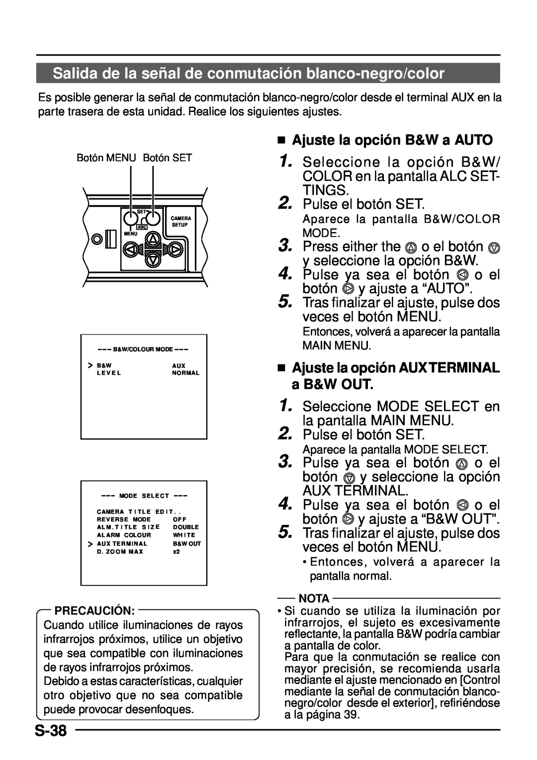 JVC TK-C1460 manual Salida de la señ al de conmutació n blanco-negro/color, S-38,  Ajuste la opció n B&W a AUTO 