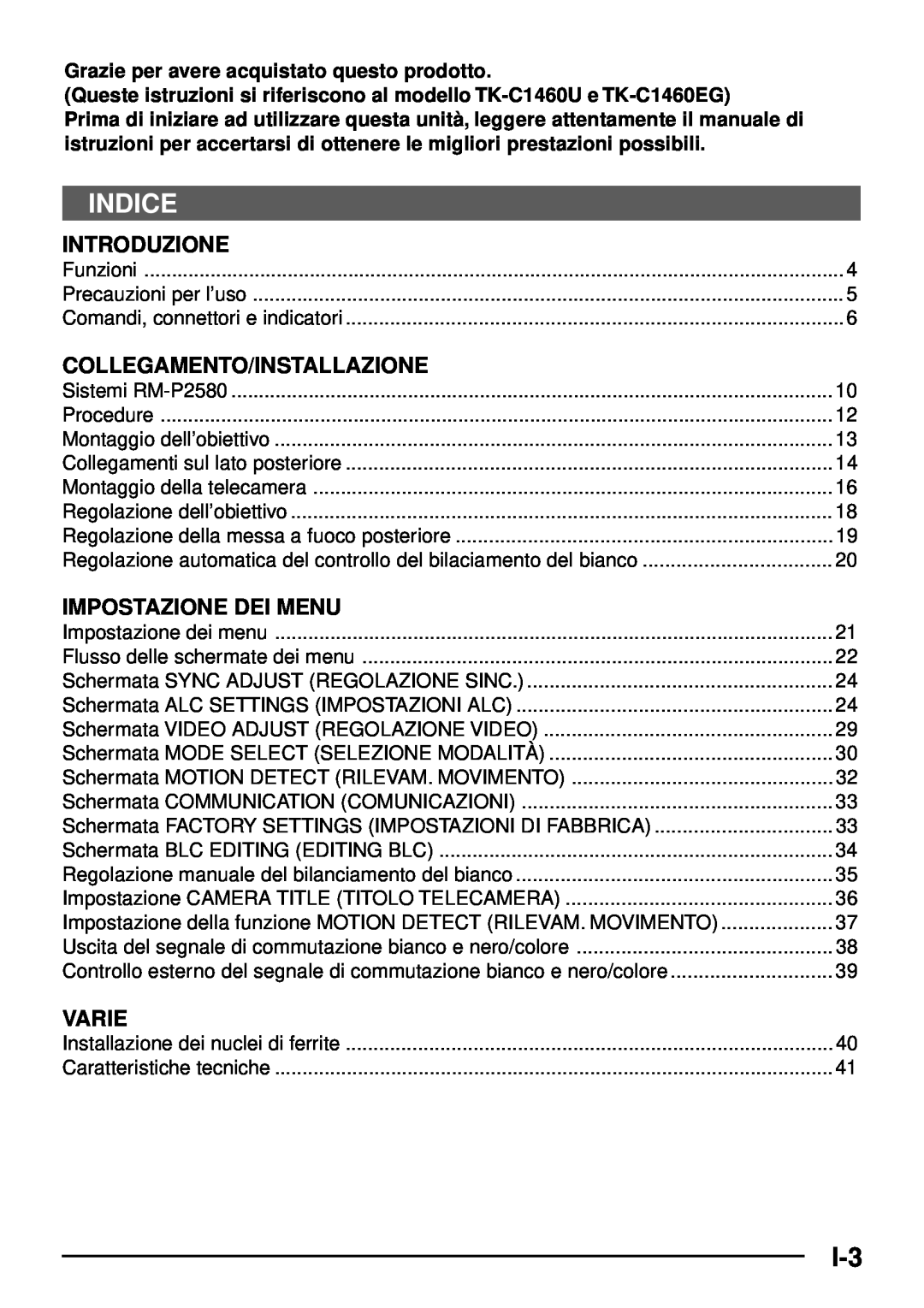 JVC TK-C1460 manual Indice, Introduzione, Collegamento/Installazione, Impostazione Dei Menu, Varie 