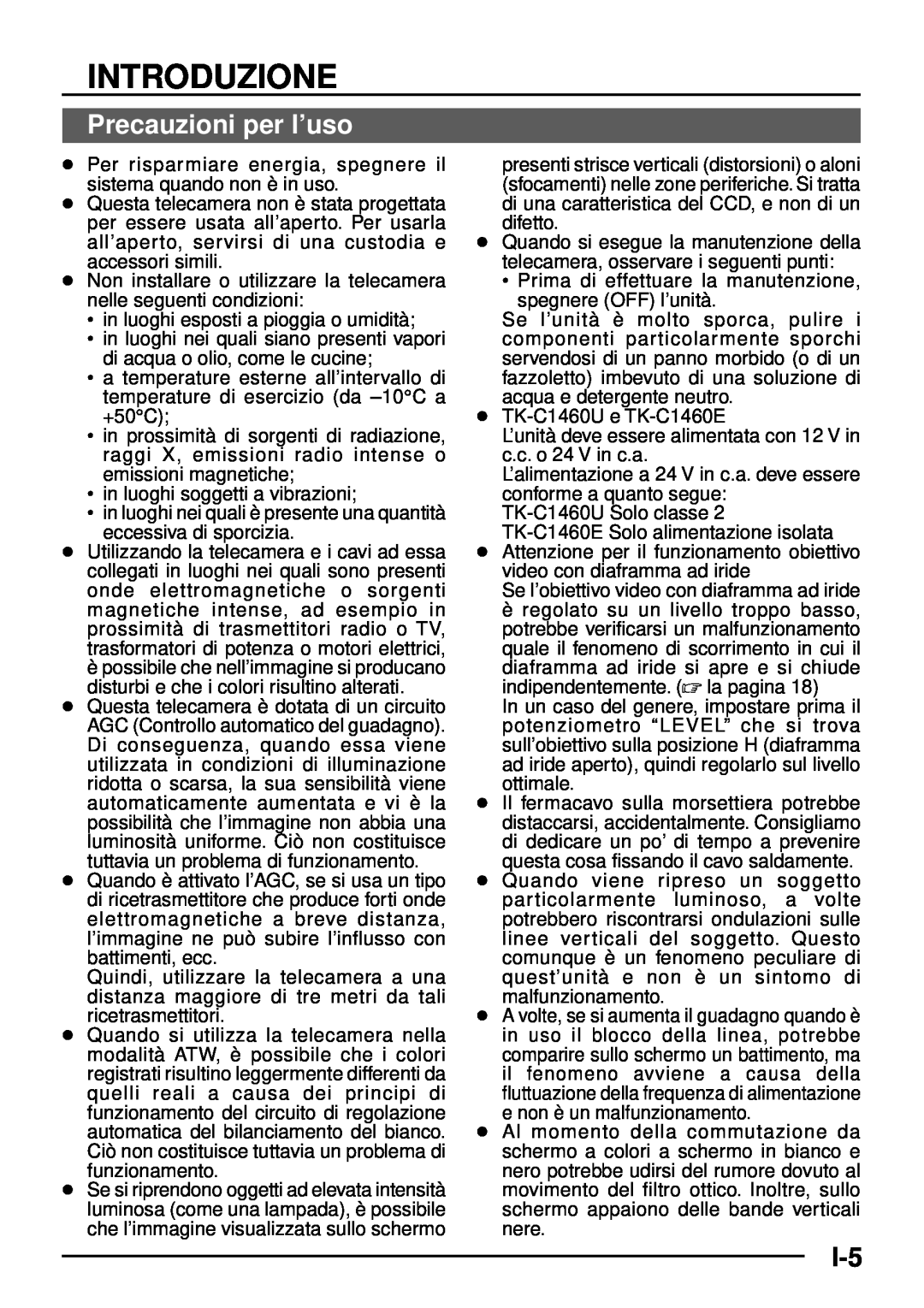 JVC TK-C1460 manual Introduzione, Precauzioni per l’uso 