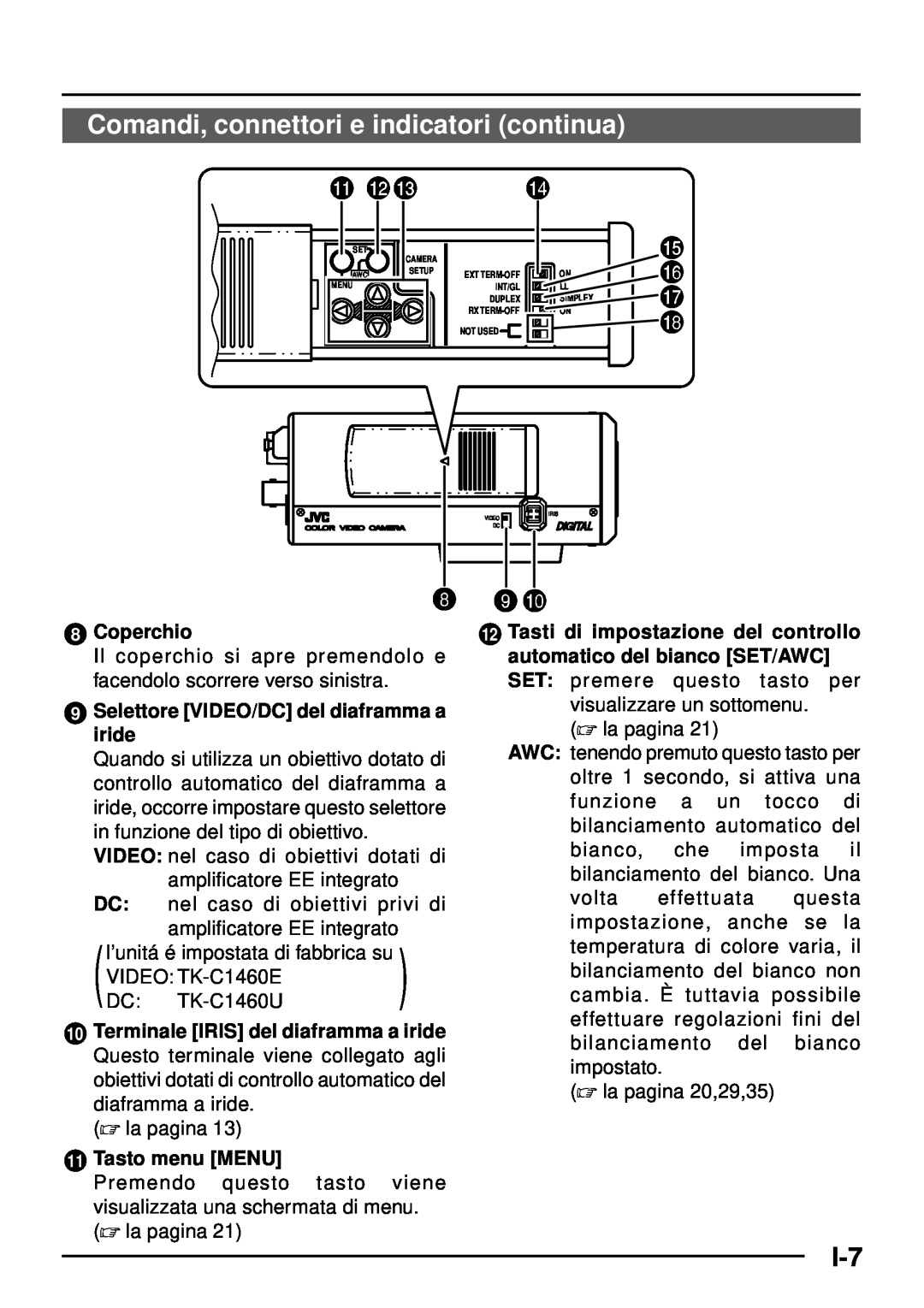 JVC TK-C1460 manual Comandi, connettori e indicatori continua, @# $, Coperchio, Selettore VIDEO/DC del diaframma a iride 