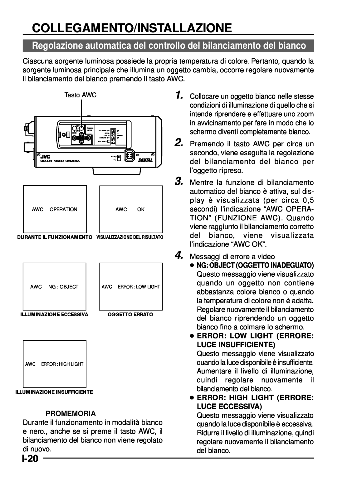JVC TK-C1460 manual Regolazione automatica del controllo del bilanciamento del bianco, I-20, Collegamento/Installazione 