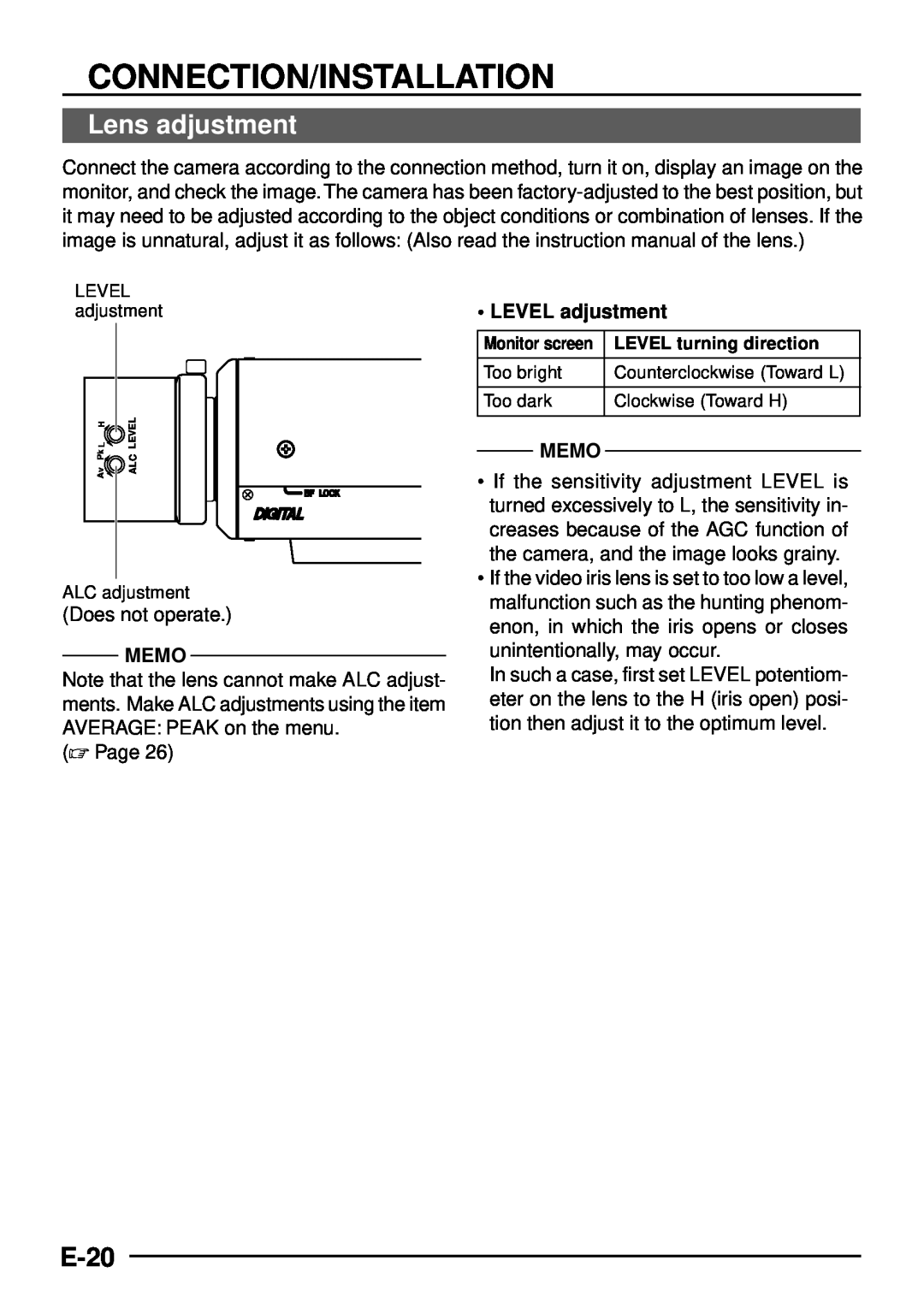JVC TK-C1460 manual Lens adjustment, E-20, Connection/Installation, Memo, LEVEL adjustment, LEVEL turning direction 