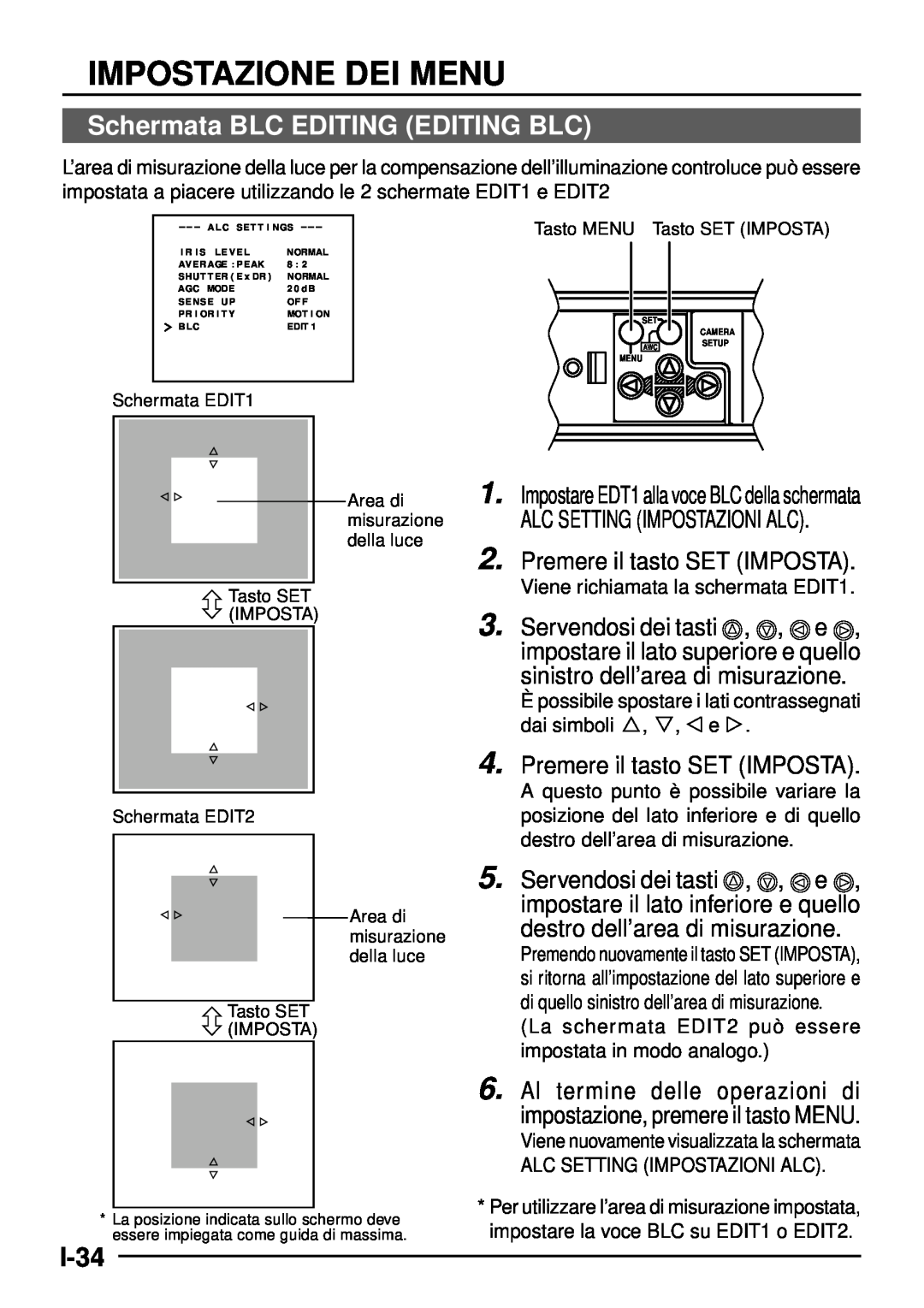 JVC TK-C1460 manual Schermata BLC EDITING EDITING BLC, I-34, ALC SETTING IMPOSTAZIONI ALC 2. Premere il tasto SET IMPOSTA 