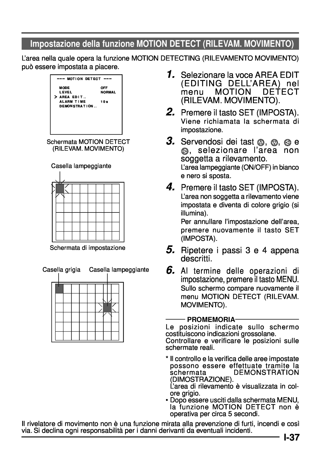 JVC TK-C1460 manual I-37, Premere il tasto SET IMPOSTA, Servendosi dei tast , , e , selezionare l’area non, Promemoria 