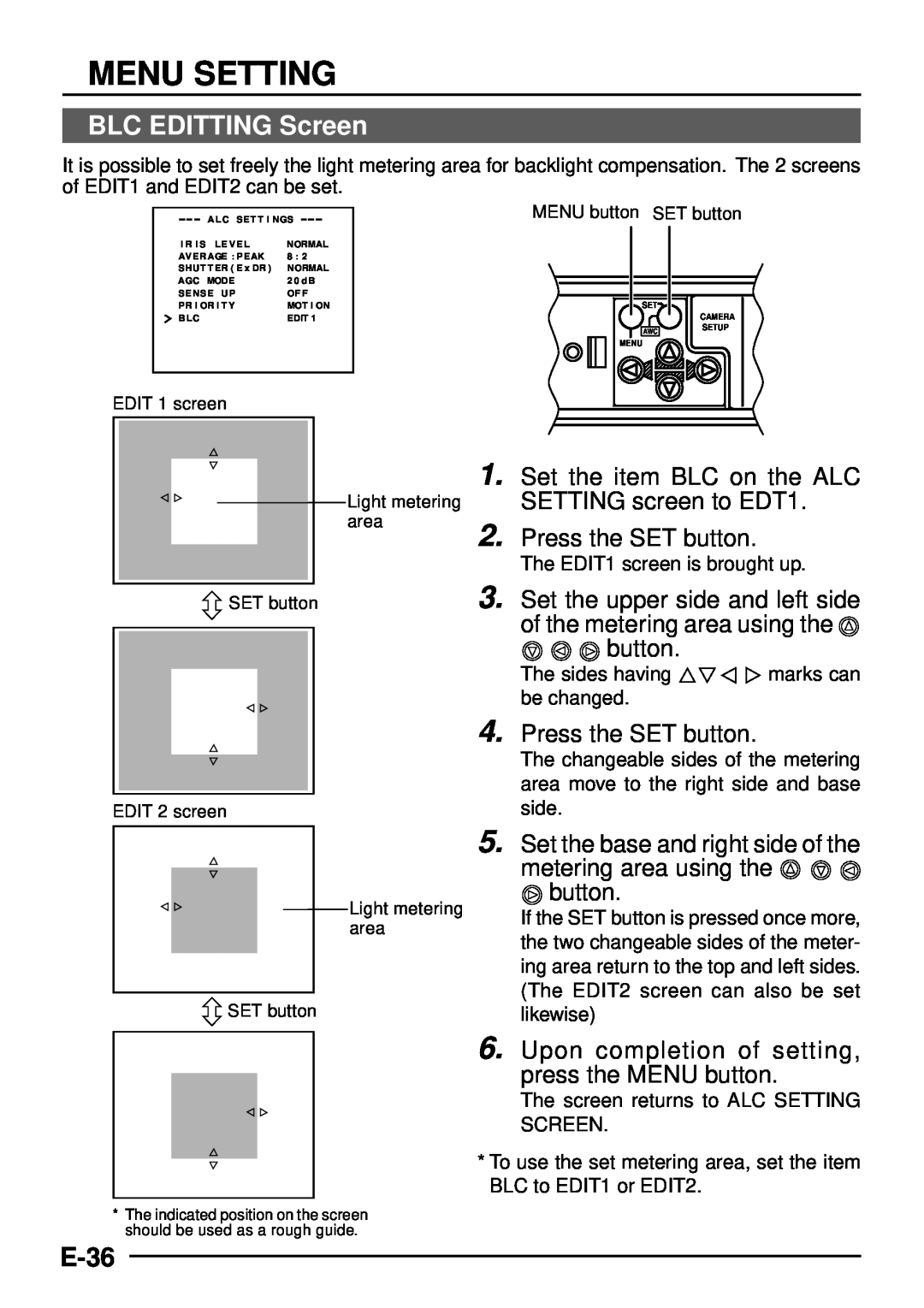 JVC TK-C1460 manual BLC EDITTING Screen, E-36, Set the item BLC on the ALC SETTING screen to EDT1, Press the SET button 