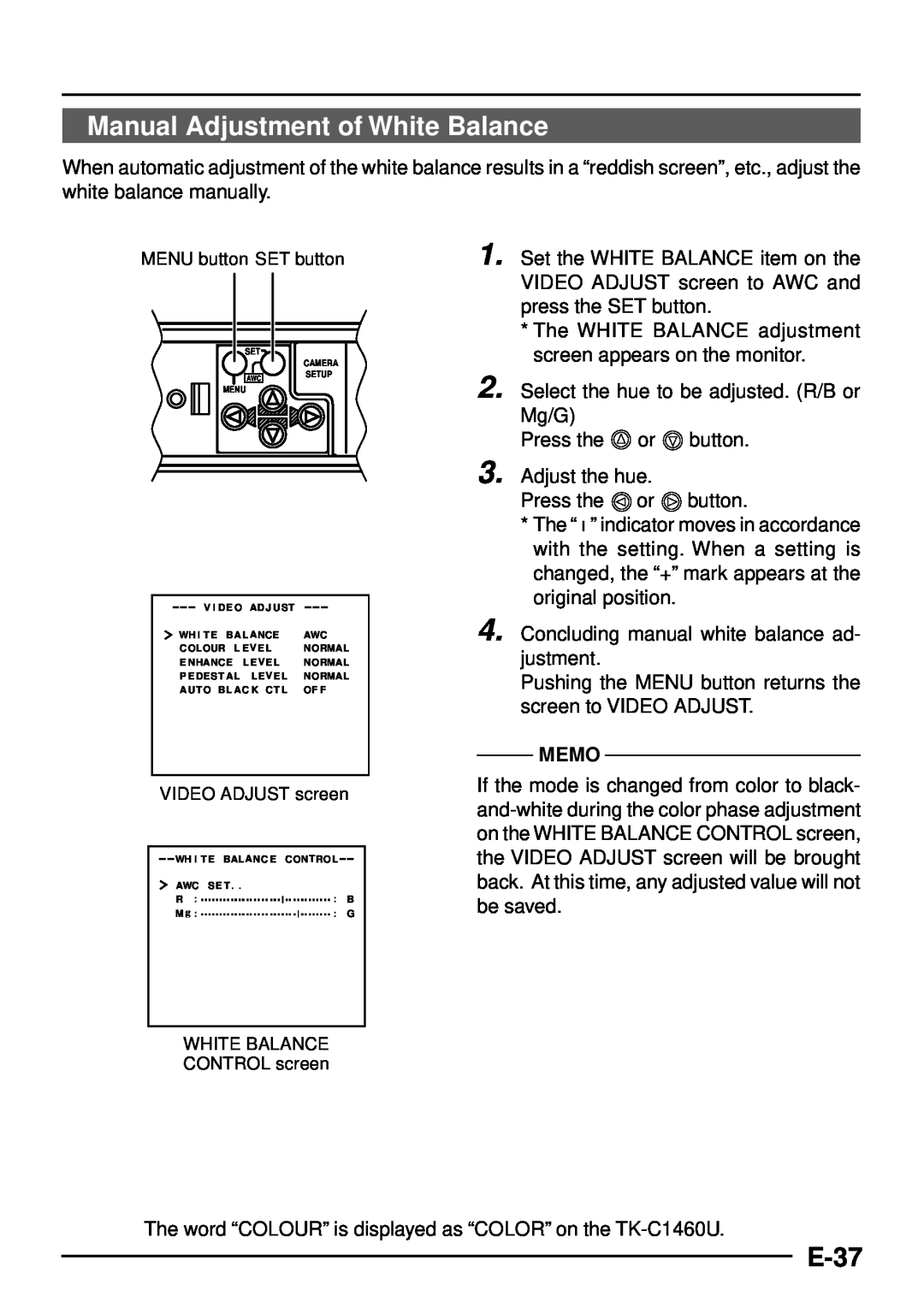 JVC TK-C1460 manual Manual Adjustment of White Balance, E-37, Memo 