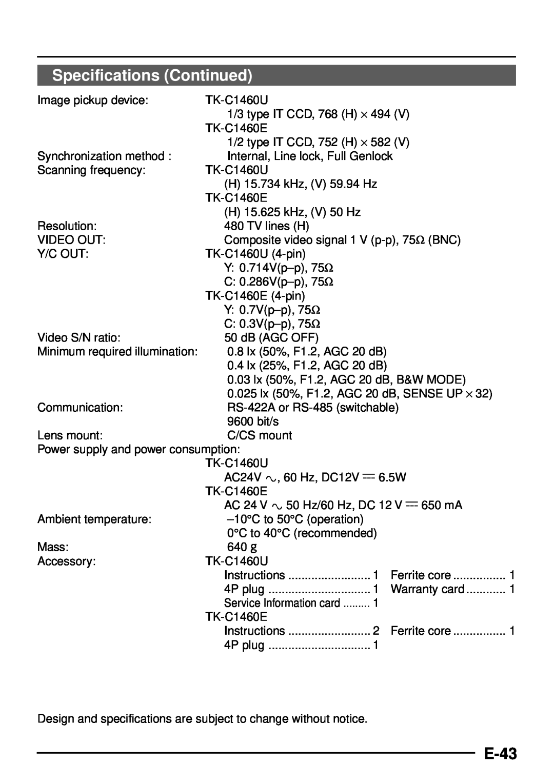JVC TK-C1460 manual Specifications Continued, E-43 