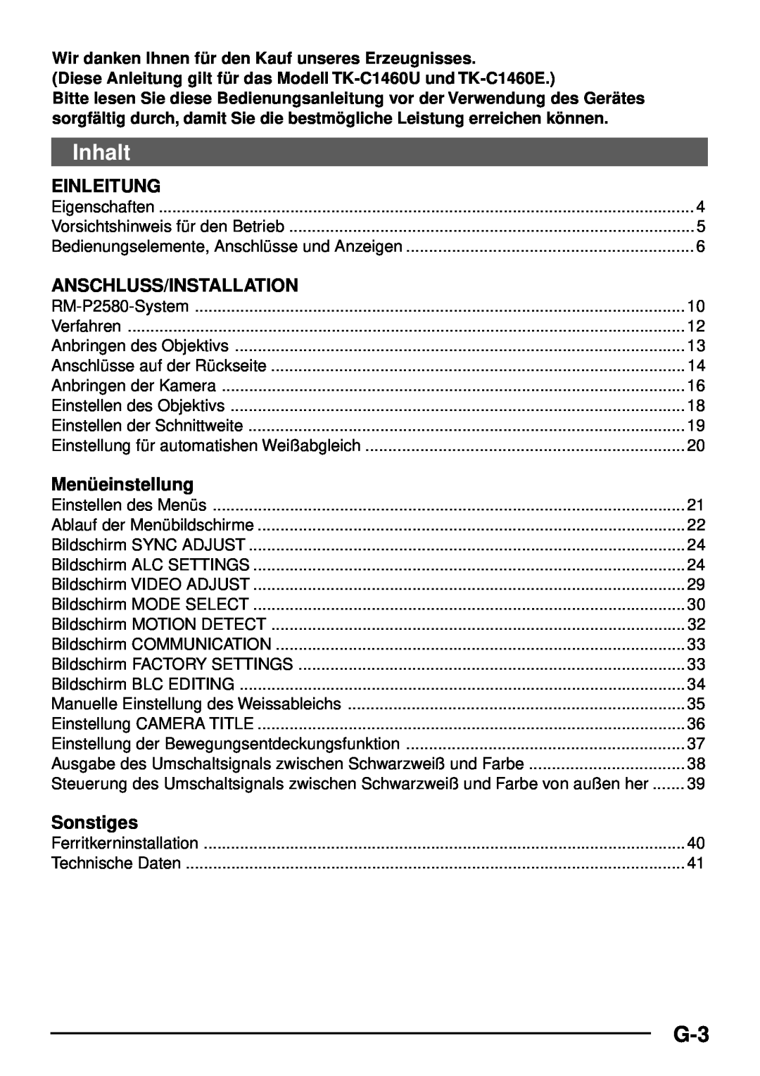 JVC TK-C1460 manual Inhalt, Einleitung, Anschluss/Installation, Menüeinstellung, Sonstiges 