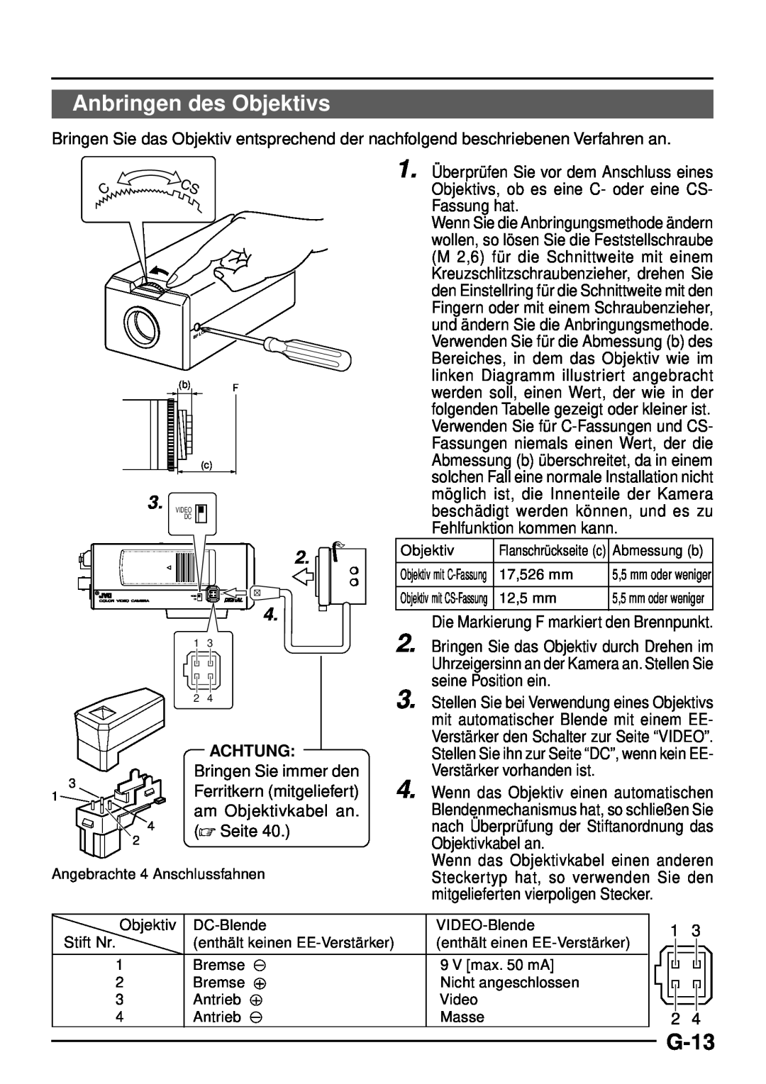 JVC TK-C1460 manual Anbringen des Objektivs, G-13, Achtung 