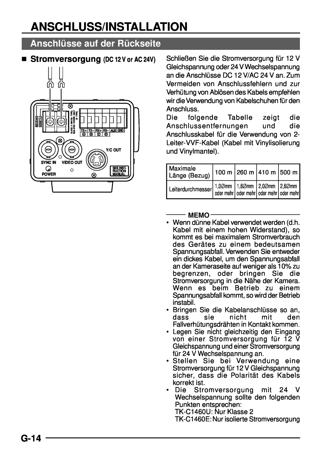 JVC TK-C1460 manual Anschlü sse auf der Rü ckseite, G-14, Anschluss/Installation, Memo,  Stromversorgung DC 12 V or AC 