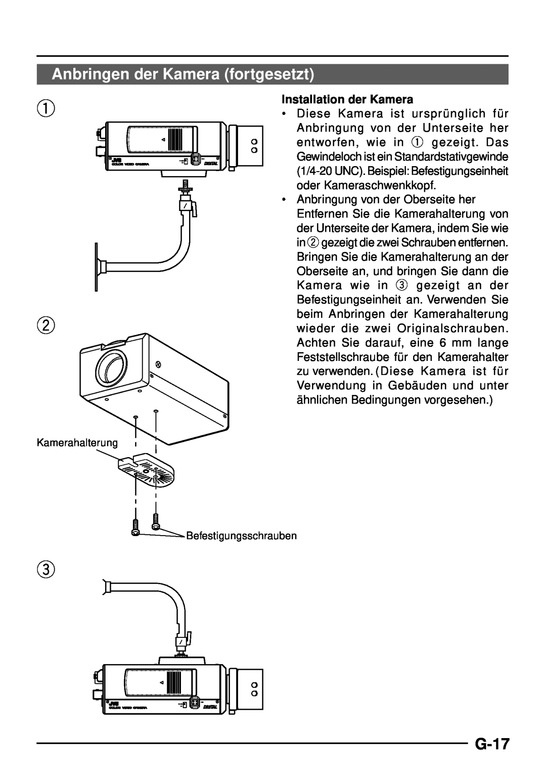 JVC TK-C1460 manual Anbringen der Kamera fortgesetzt, G-17, Installation der Kamera 