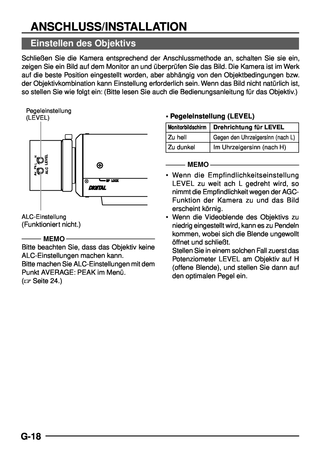 JVC TK-C1460 manual Einstellen des Objektivs, G-18, Anschluss/Installation, Memo, Pegeleinstellung LEVEL 