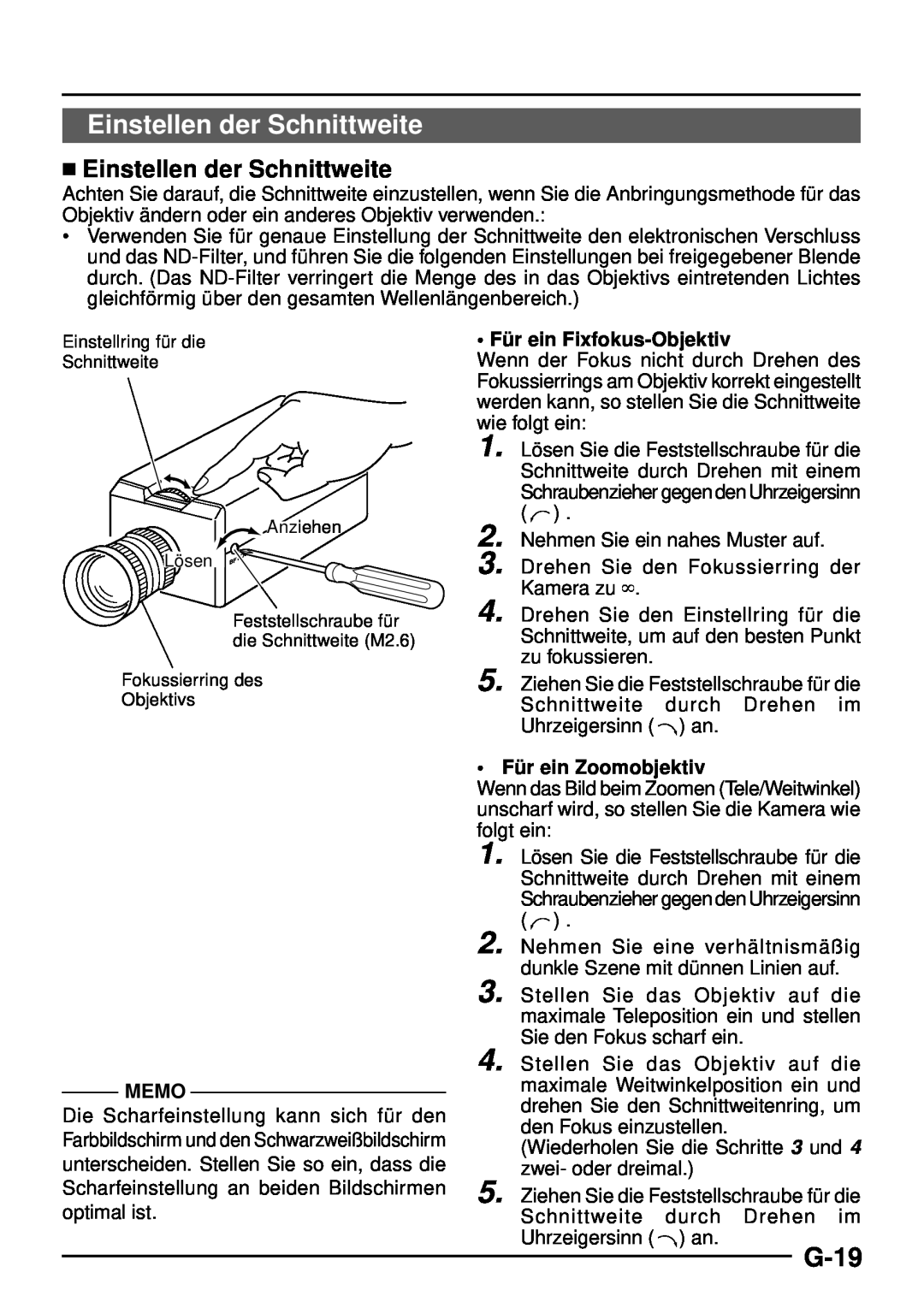 JVC TK-C1460 manual G-19,  Einstellen der Schnittweite, Fü r ein Fixfokus-Objektiv, Memo, Fü r ein Zoomobjektiv 