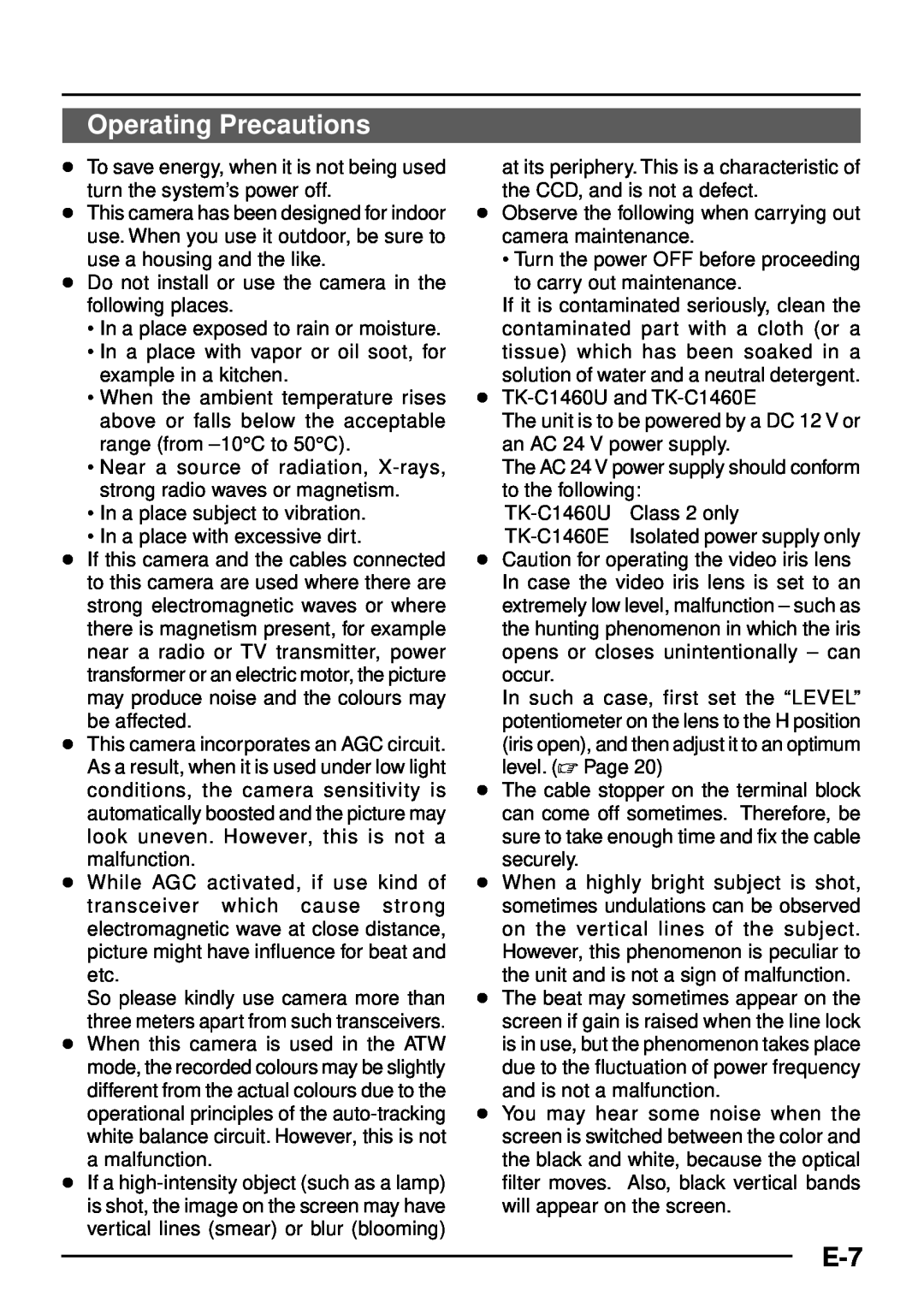 JVC TK-C1460 manual Operating Precautions 