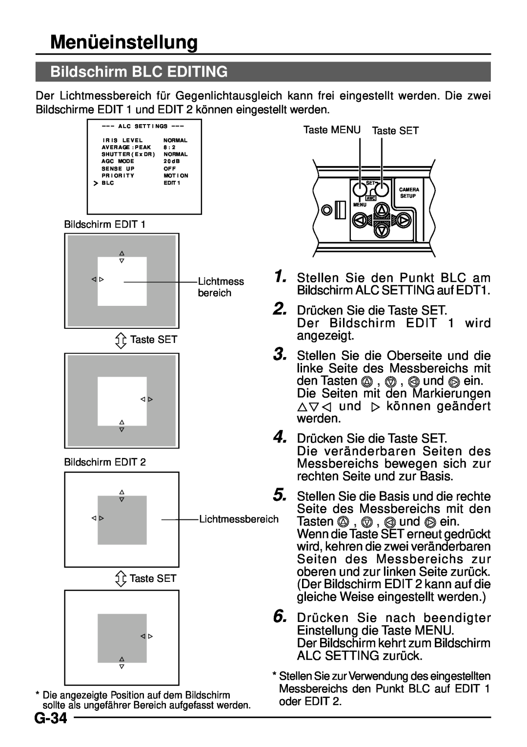 JVC TK-C1460 manual Bildschirm BLC EDITING, G-34, Menü einstellung 