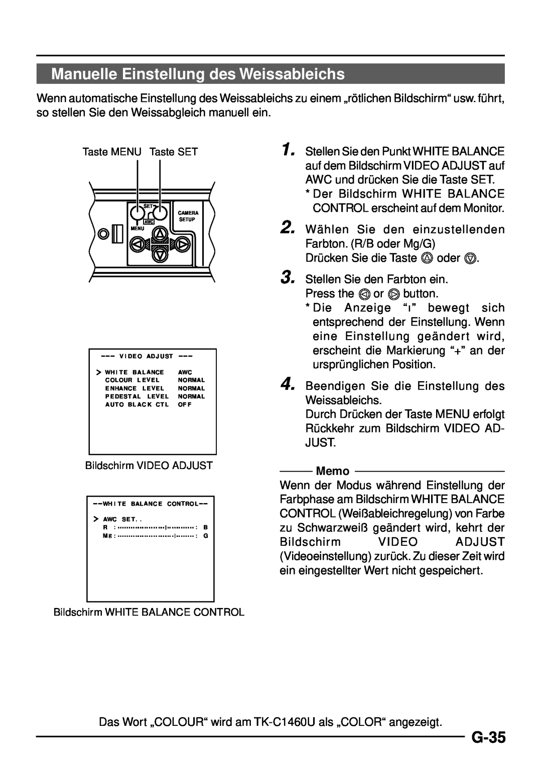 JVC TK-C1460 manual Manuelle Einstellung des Weissableichs, G-35, Memo 