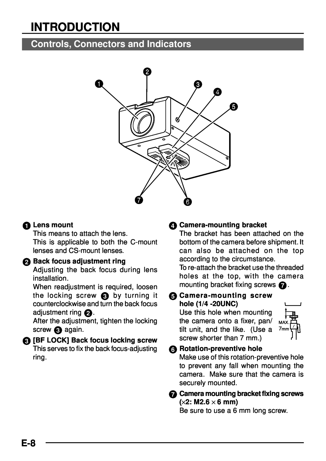 JVC TK-C1460 manual Introduction, Controls, Connectors and Indicators, Lens mount, Camera-mounting bracket 