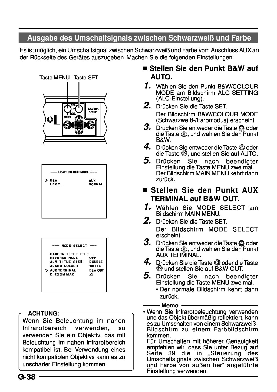 JVC TK-C1460 Ausgabe des Umschaltsignals zwischen Schwarzweiß und Farbe, G-38,  Stellen Sie den Punkt B&W auf AUTO, Memo 