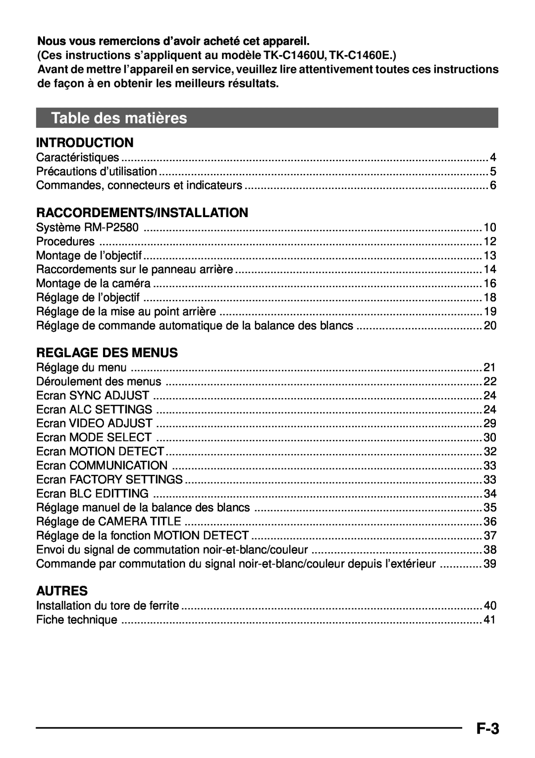 JVC TK-C1460 manual Table des matiè res, Raccordements/Installation, Reglage Des Menus, Autres, Introduction 