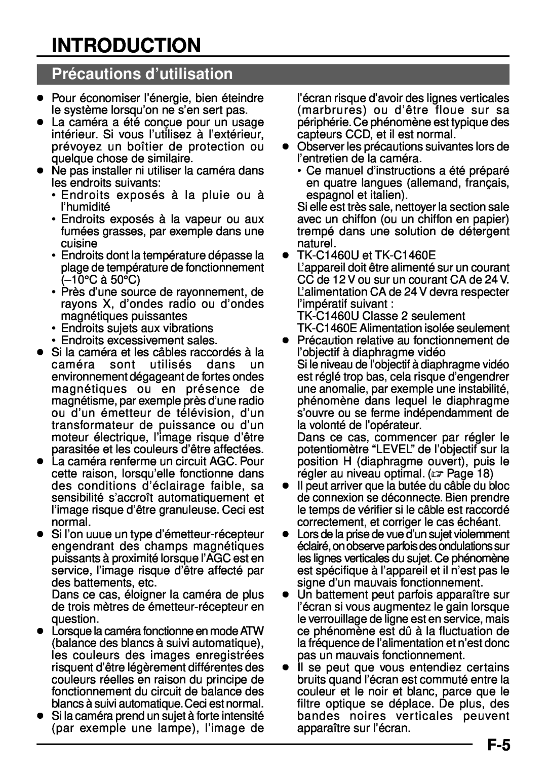 JVC TK-C1460 manual Pré cautions d’utilisation, Introduction 