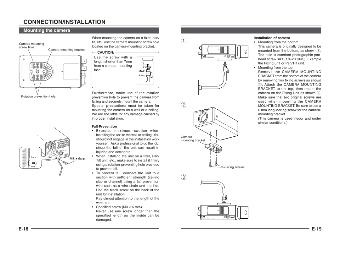 JVC TK-C1460B instruction manual CONNECTION/INSTALLATION Mounting the camera, Installation of camera, Fall Prevention 