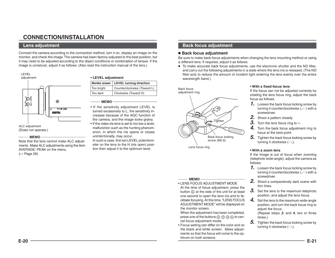 JVC TK-C1460B Lens adjustment Back focus adjustment,  Back focus adjustment, Level adjustment, With a fixed-focus lens 