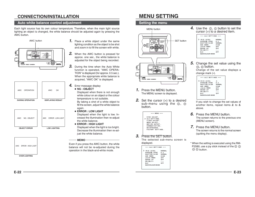 JVC TK-C1460B instruction manual Auto white balance control adjustment, Press the Menu button, Set the cursor to a desired 