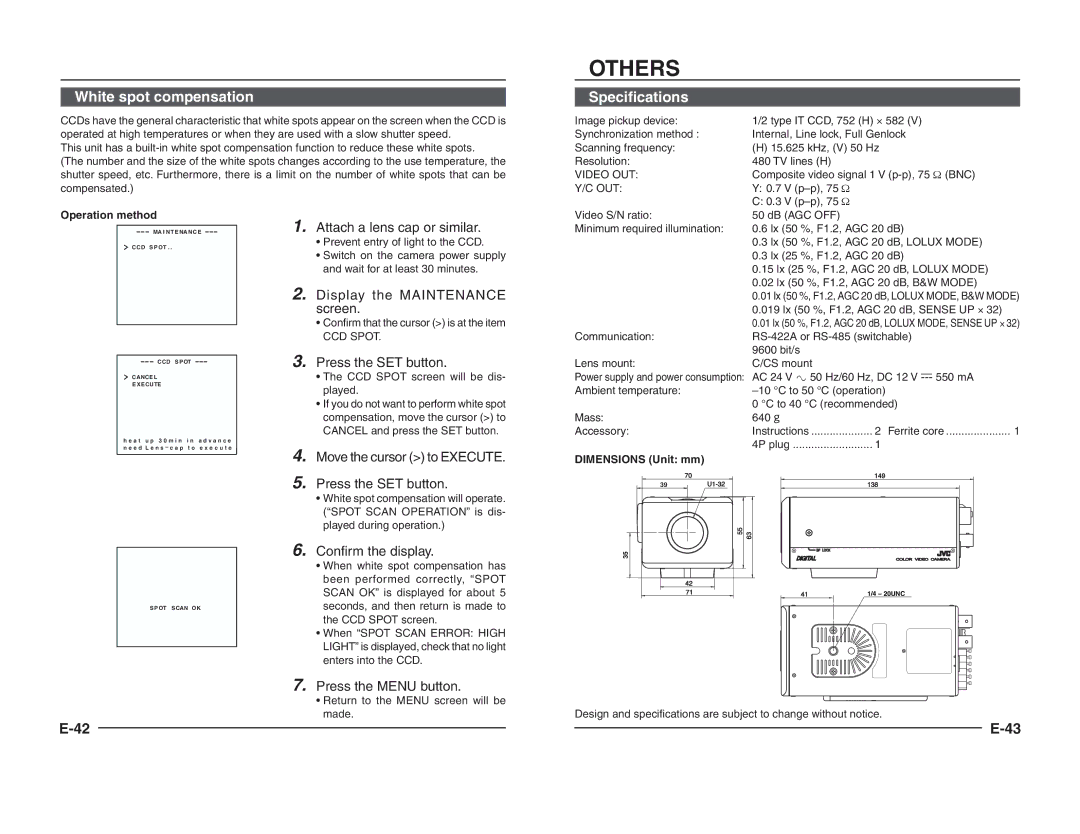 JVC TK-C1460B White spot compensation, Specifications, Operation method, Mass 640 ˝ Accessory Instructions Ferrite core 