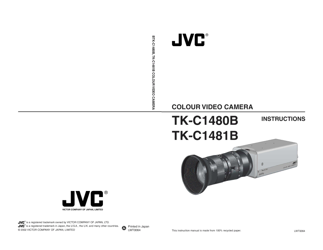 JVC TK-C1460B instruction manual Colour Video Camera TK-C1480BTK-C1481B 