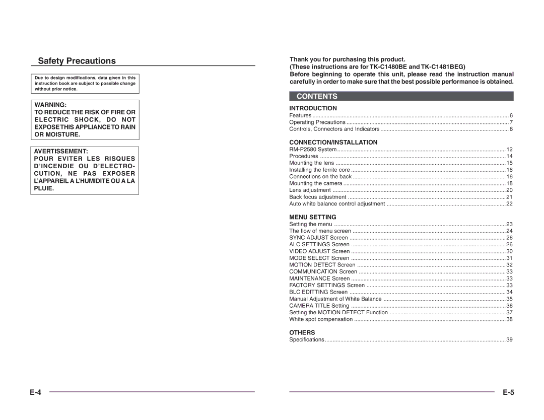 JVC TK-C1460B instruction manual Safety Precautions 