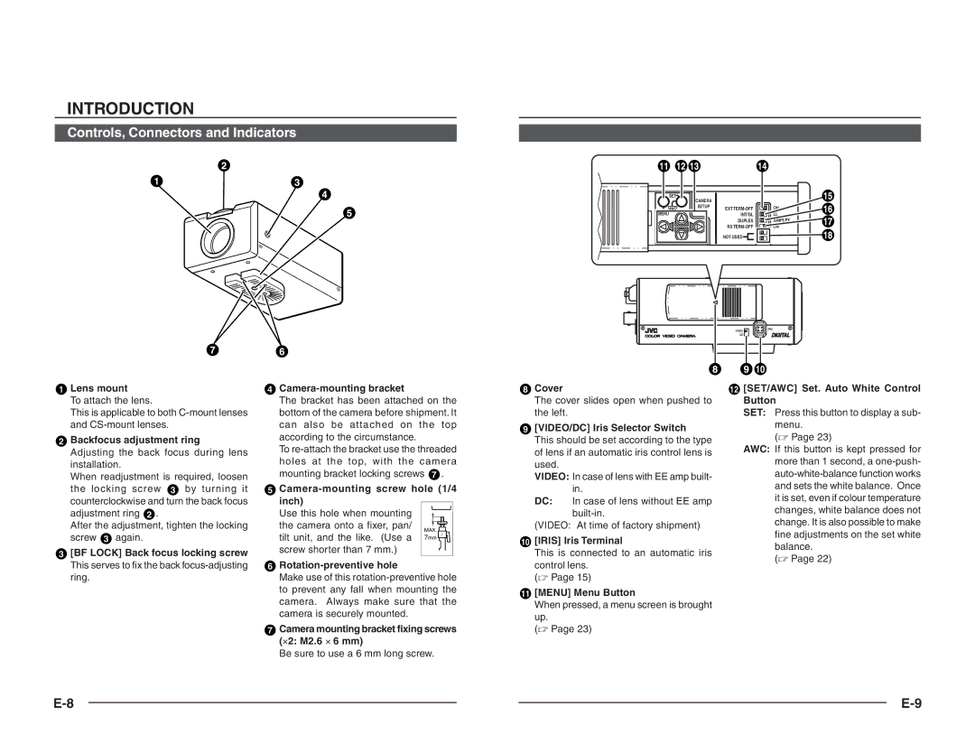 JVC TK-C1460B Backfocus adjustment ring, Mounting bracket locking screws, Camera-mounting screw hole 1/4, Inch 