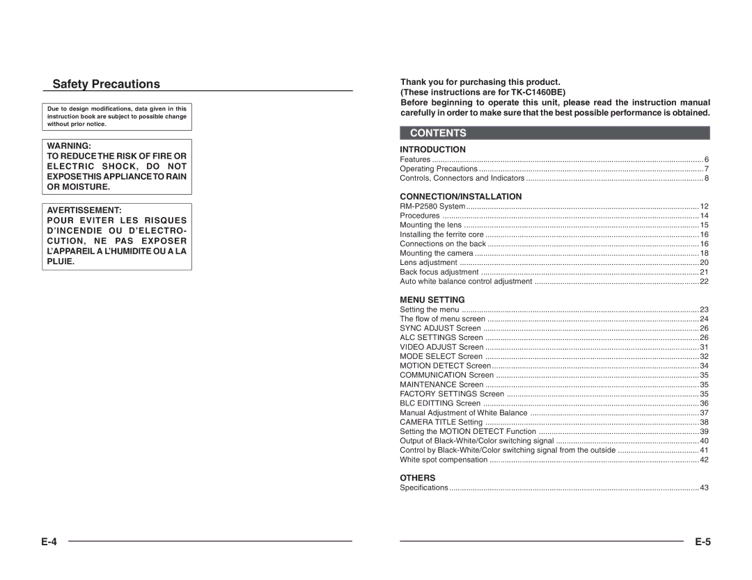 JVC TK-C1460B instruction manual Safety Precautions 