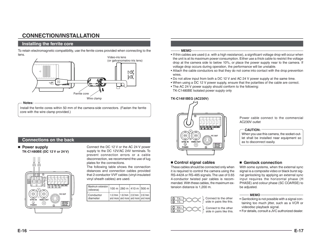 JVC TK-C1460B instruction manual Connections on the back,  Power supply, TK-C1481BEG AC230V, TK-C1480BE DC 12 V or 24 