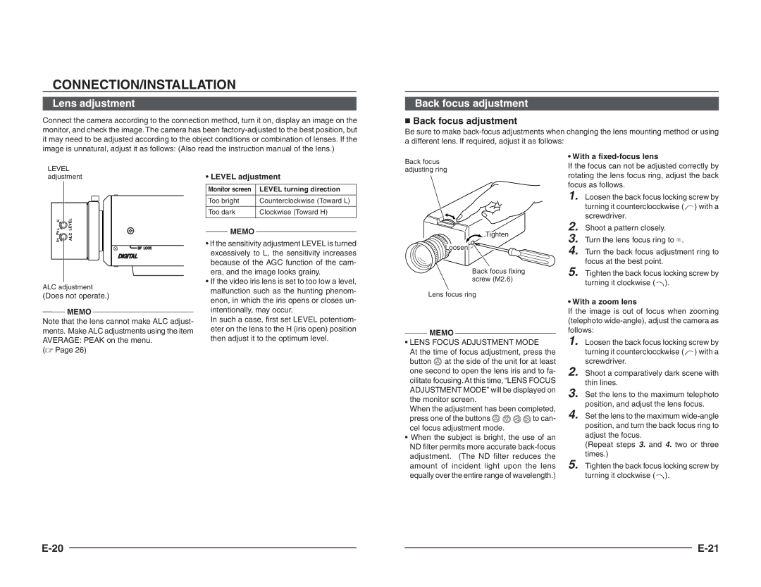 JVC TK-C1460B instruction manual Lens adjustment, Changing the lens mounting method or using 