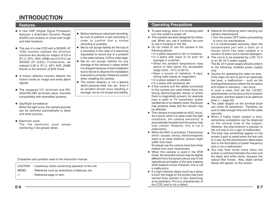 JVC TK-C1460B instruction manual Features, Operating Precautions, Sense, Memo 