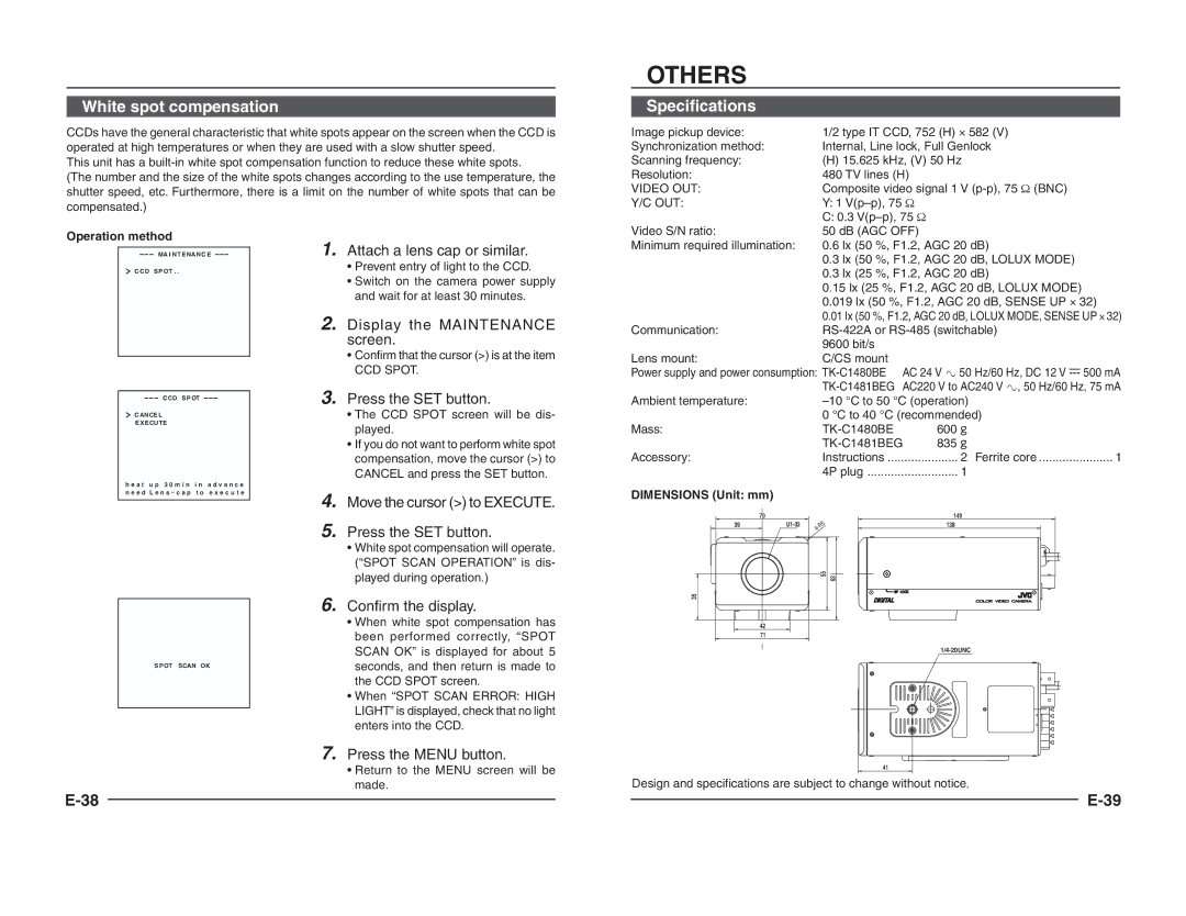 JVC TK-C1460B instruction manual Vp-p, 75 Ω, TK-C1481BEG, 835 ˝ Accessory 