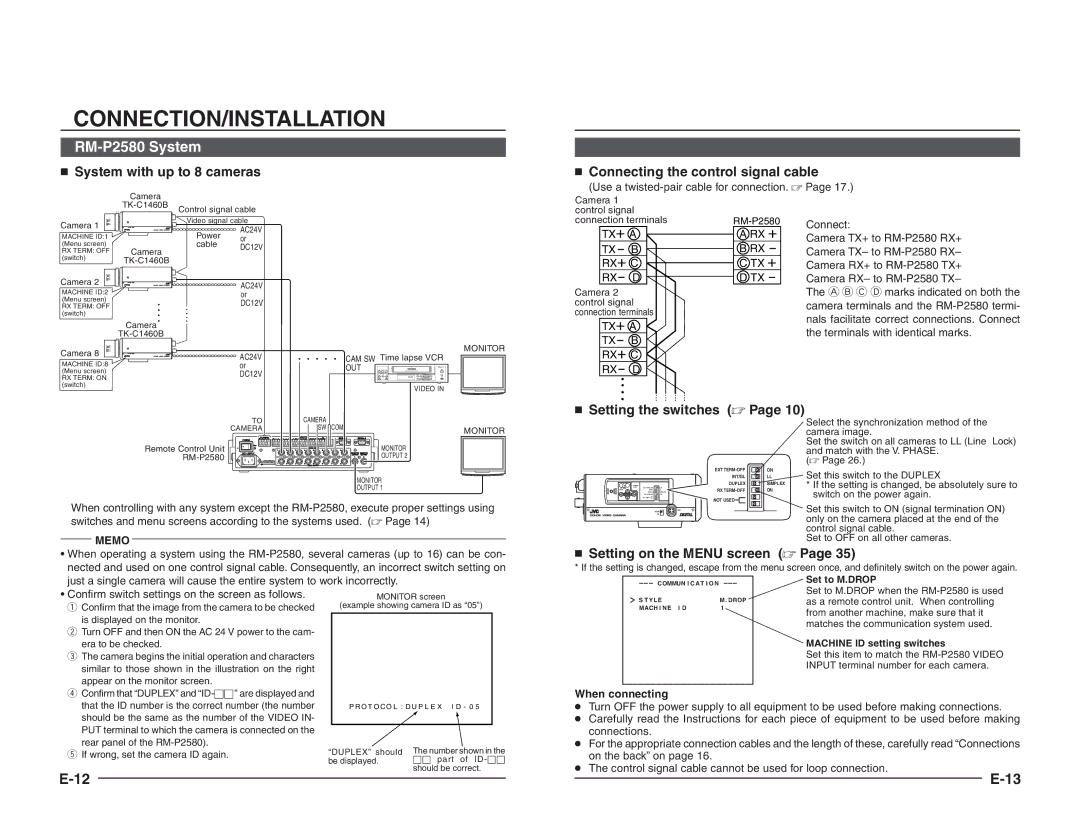 JVC TK-C1460B instruction manual RM-P2580 System,  Setting the switches,  Setting on the Menu screen , When connecting 