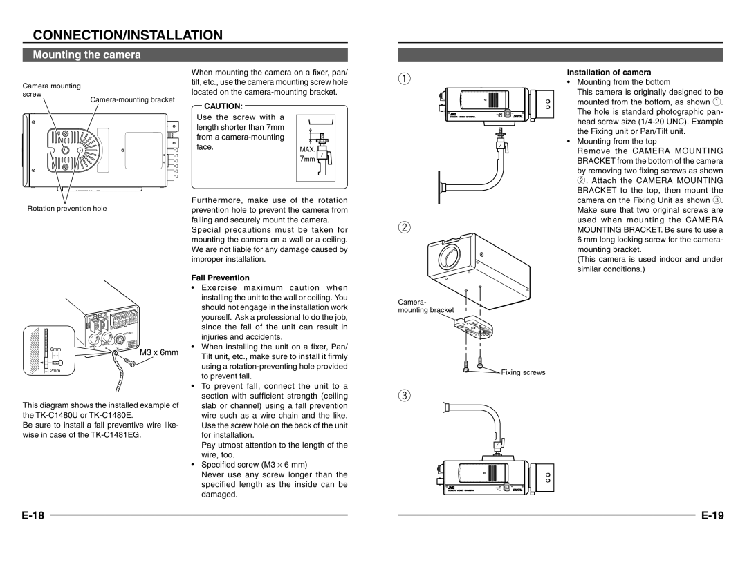 JVC TK-C1480 manual CONNECTION/INSTALLATION Mounting the camera 