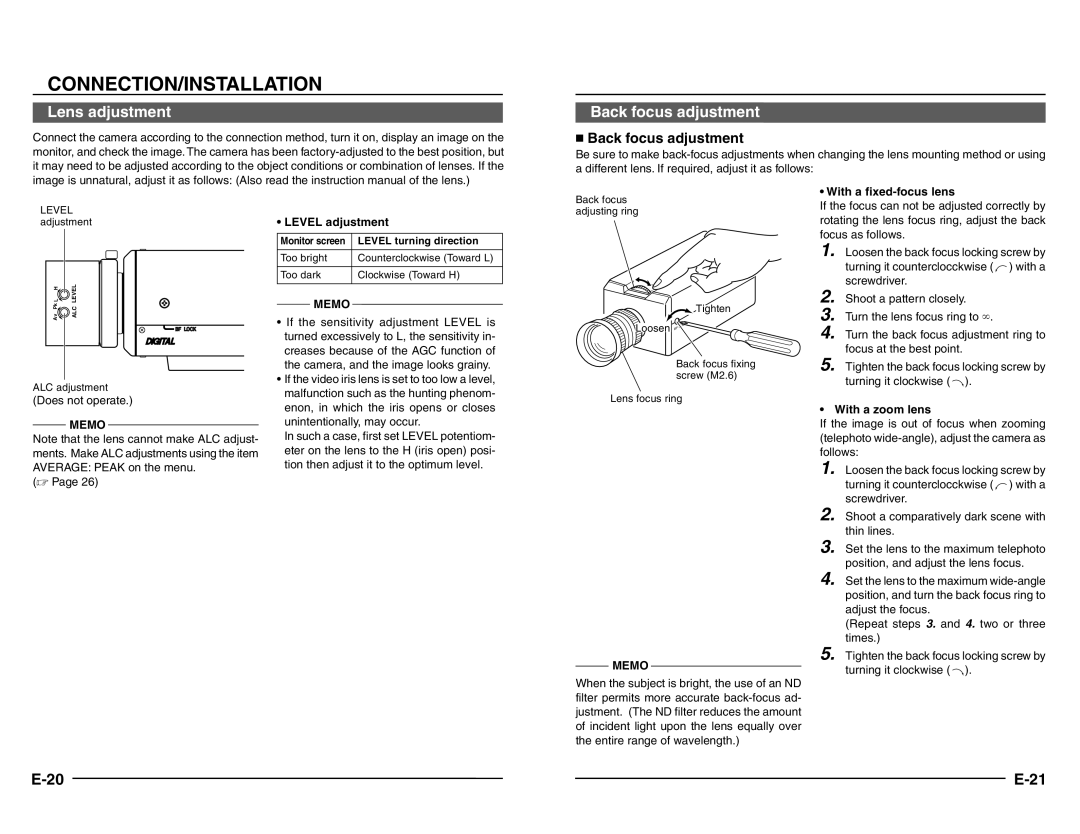 JVC TK-C1480 manual Lens adjustment, Back focus adjustment, With a fixed-focus lens, Level adjustment, With a zoom lens 