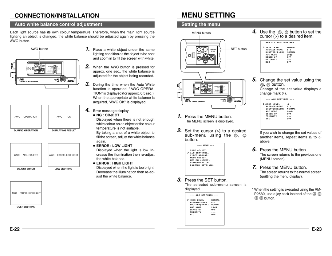 JVC TK-C1480 manual Menu Setting, Auto white balance control adjustment, Setting the menu 