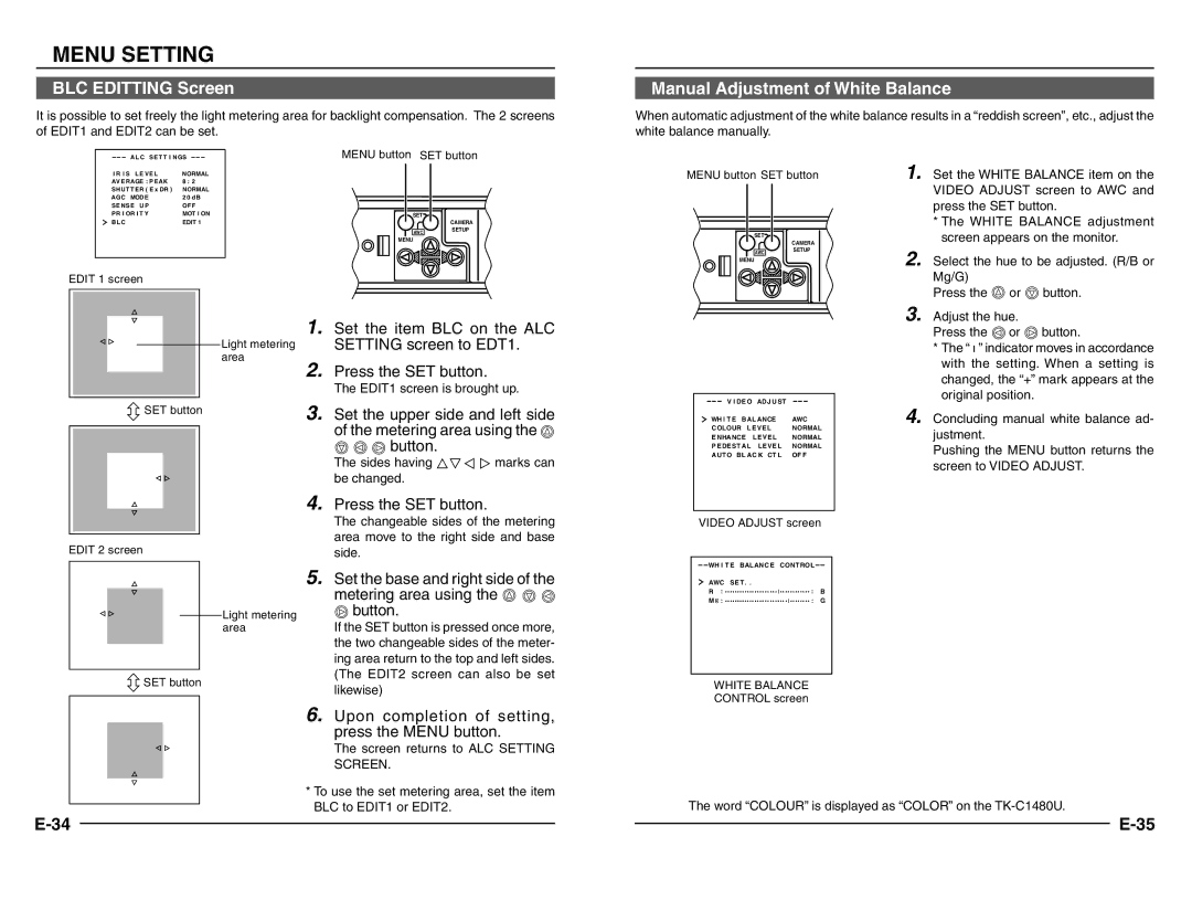 JVC TK-C1480 manual BLC Editting Screen, Manual Adjustment of White Balance 