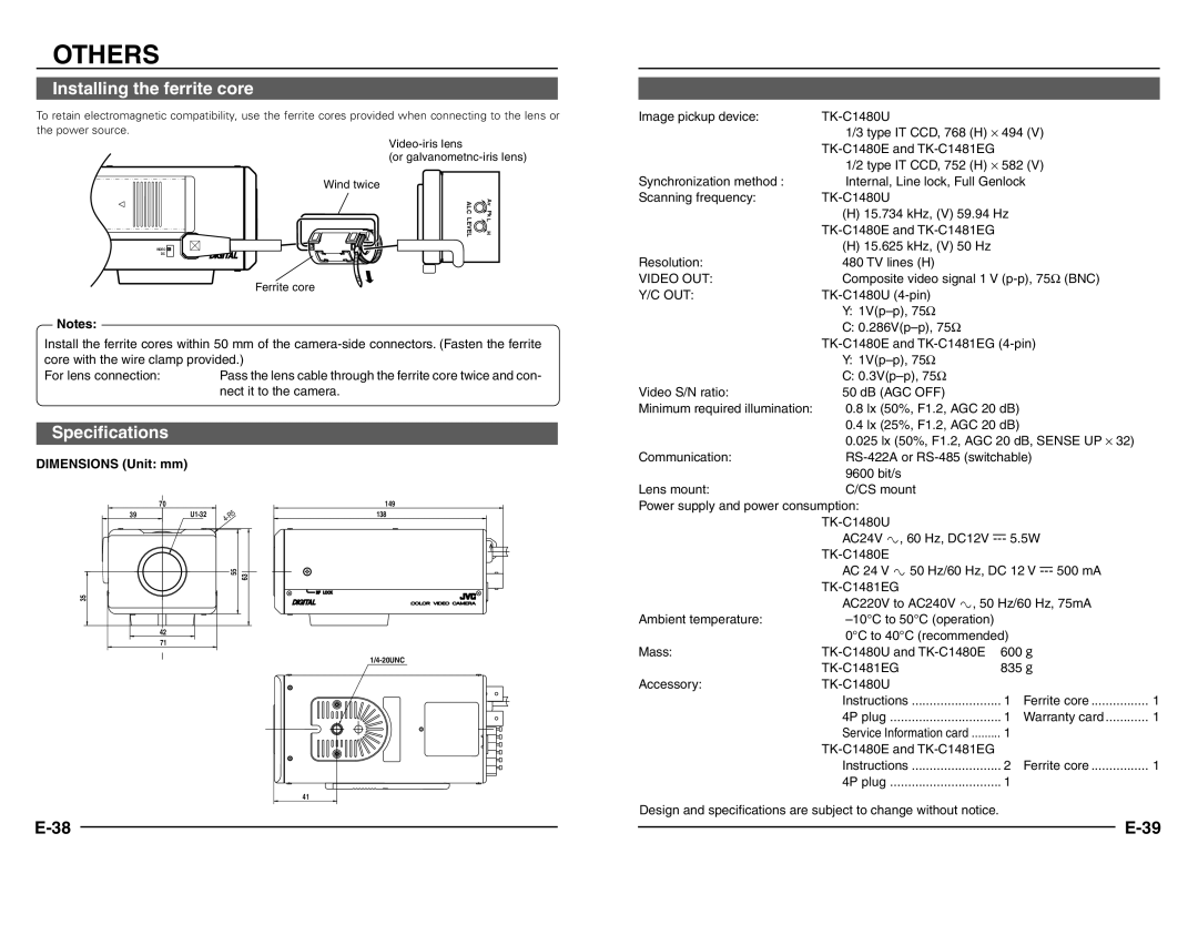 JVC TK-C1480 manual Others, Installing the ferrite core, Specifications, Dimensions Unit mm 