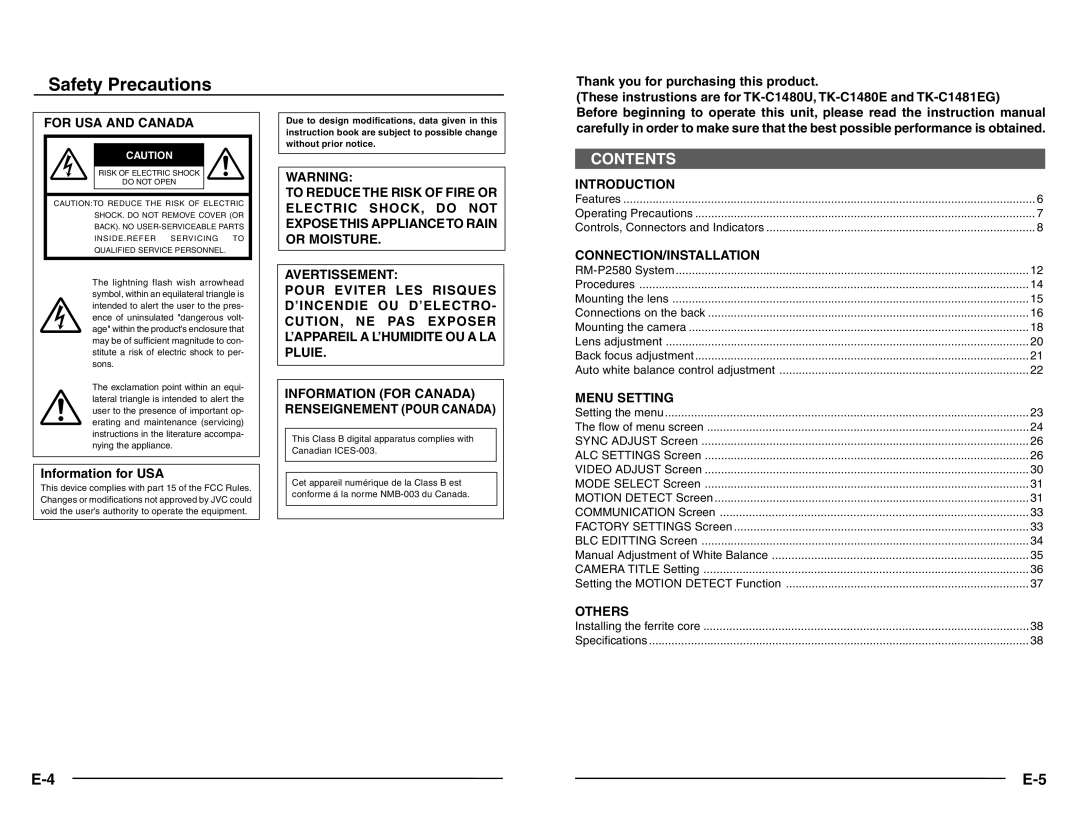 JVC TK-C1480 manual Safety Precautions 