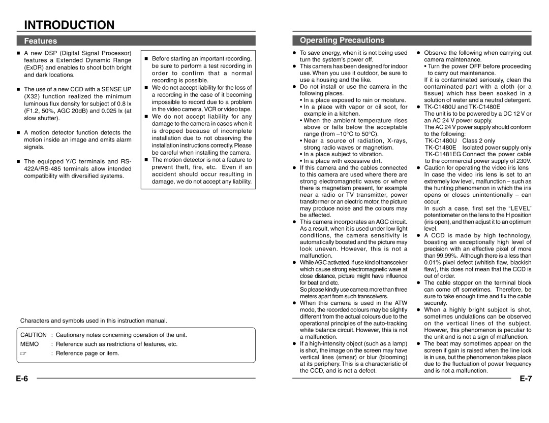 JVC TK-C1480 manual Introduction, Features, Operating Precautions, Memo 