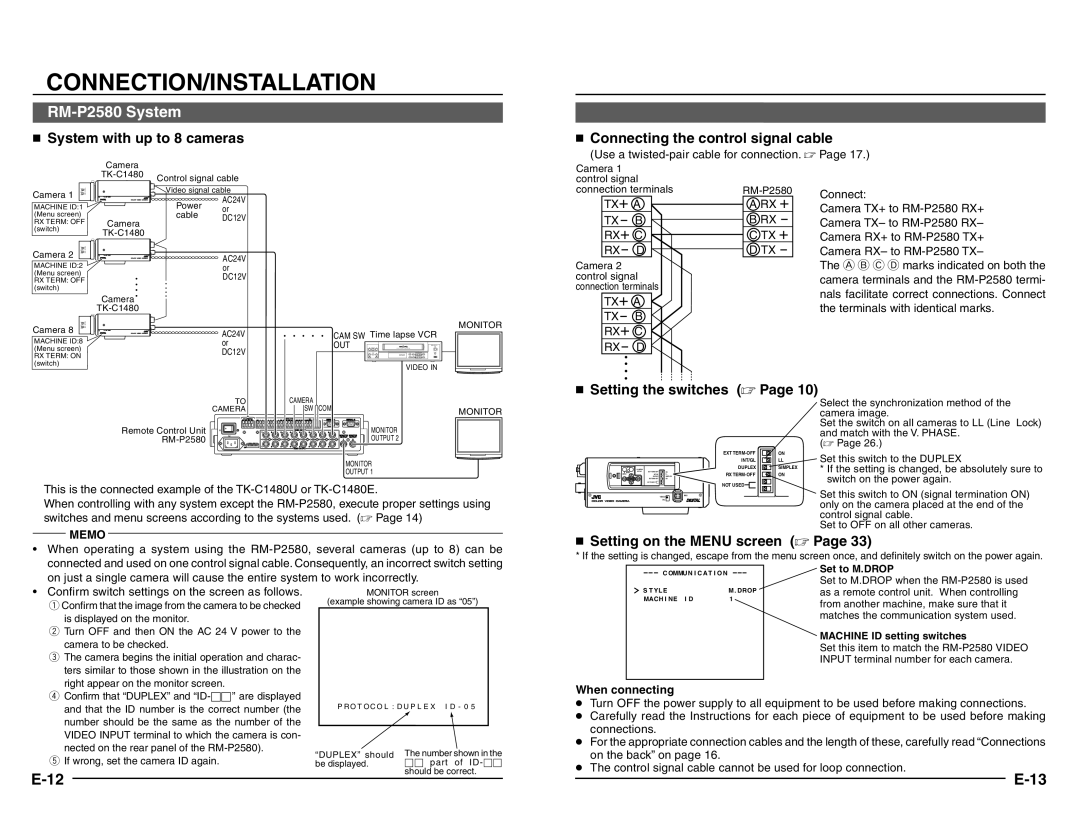 JVC TK-C1480 manual Connection/Installation, RM-P2580 System, TX+ a, Rx+ C, When connecting 